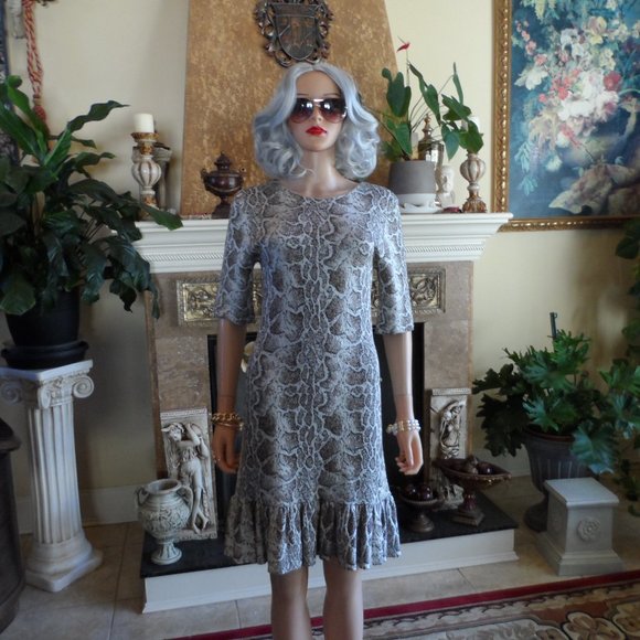Chloe Brown Multi Python Print Knit Sheath Dress w/ Ruffle Hem Detail Size M - Picture 3 of 16